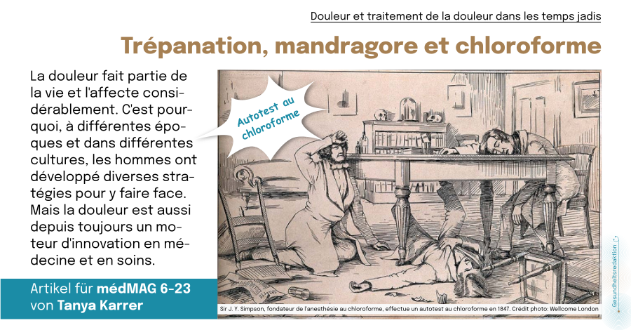 Traitement de la doleur. Teaser pour l'article Douleur et traitement de la douleur dans les temps jadis. Trépanation, mandragore et chloroforme par Tanya Karrer pour medMAG